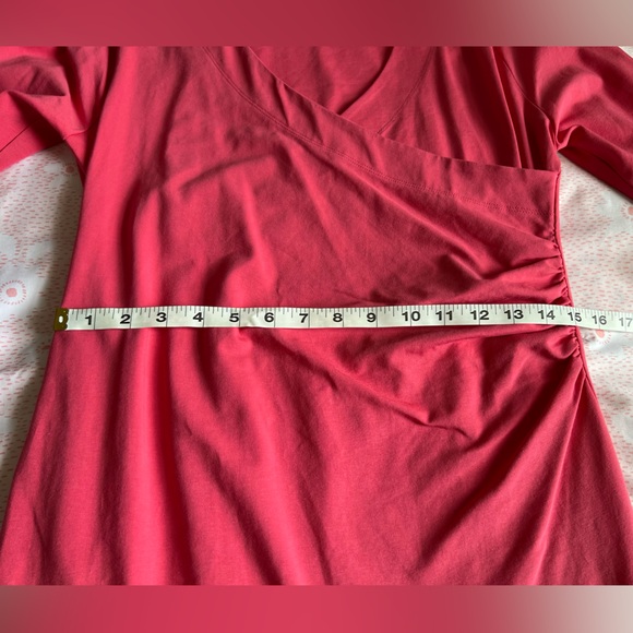 Soft Surroundings Coral Pink Surplice Faux Wrap 3/4 Sleeve Dress Petite Small - Picture 9 of 14